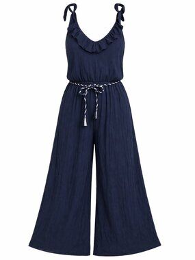 LOFT Beach Navy Jumpsuit Wide Leg Tie Waist Soft Stretch Resort XXS S M NWT